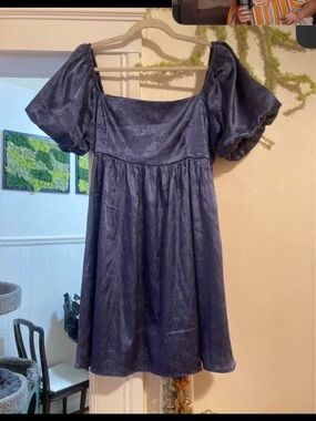 Navy Puff Sleeve Satin Mini Dress